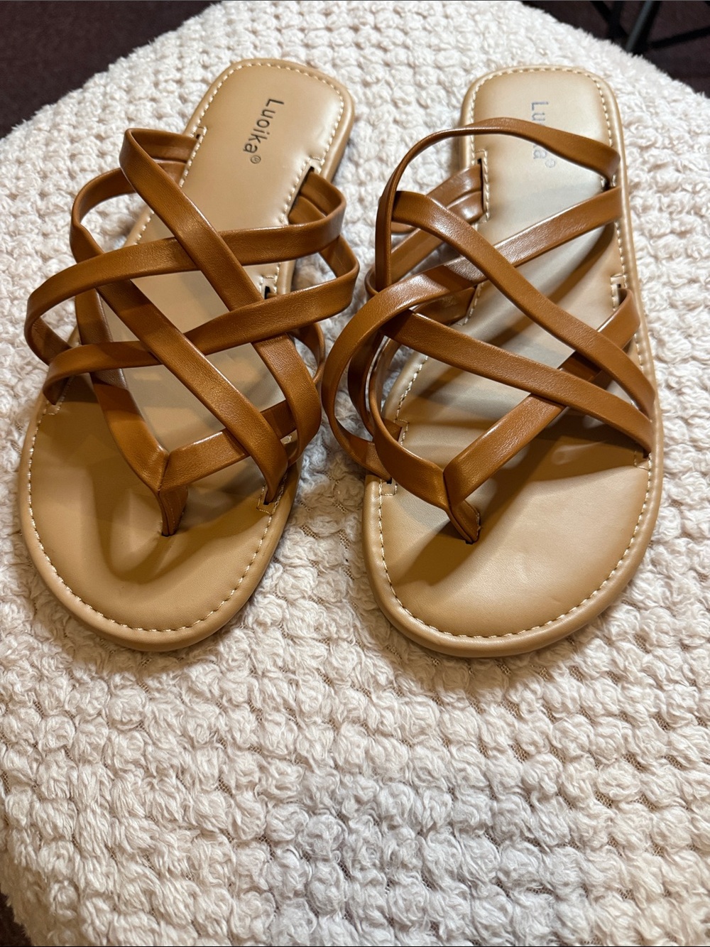 Luoika Tan Strappy Slide Sandals